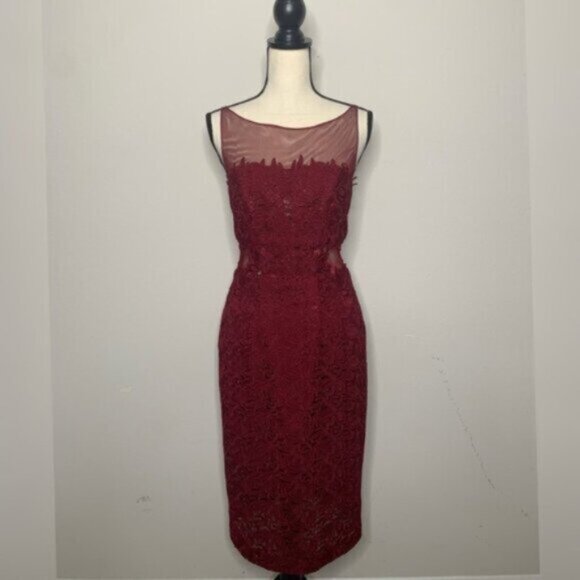 ML Monique Lhuillier Red aromatic Burgundy Illusion Cocktail Dress - Picture 6 of 16